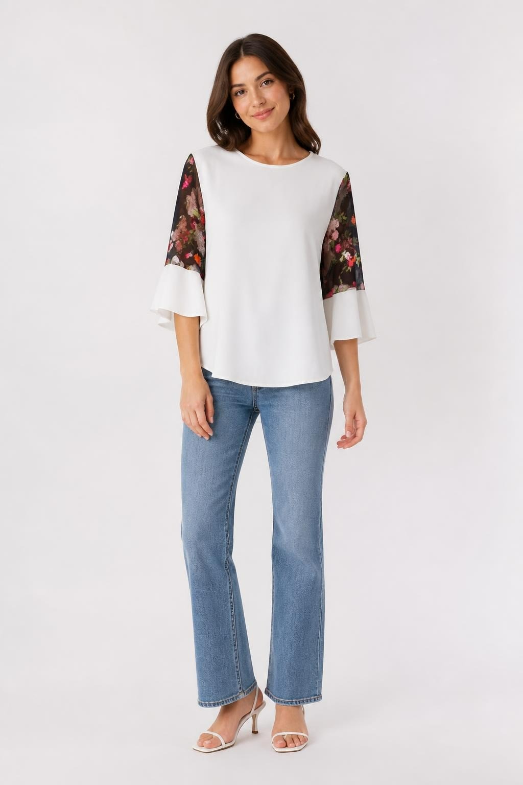 White chiffon top floral embroidered mesh sleeves YMZ | Pre-Loved | Why Go Less