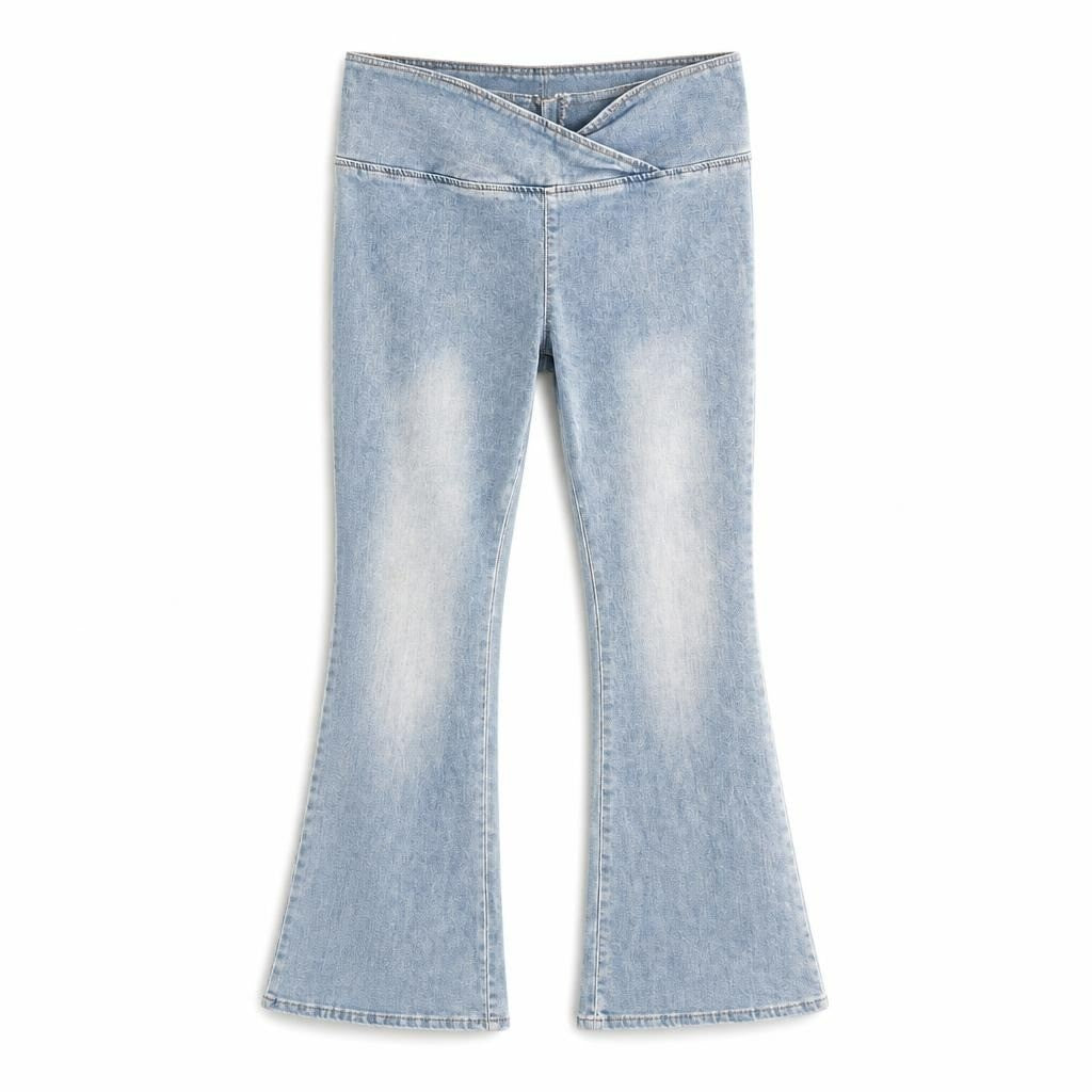 Light wash crossover waist flare jeans - white studio shot, second-hand at Why Go Less, Dekwaneh, Lebanon