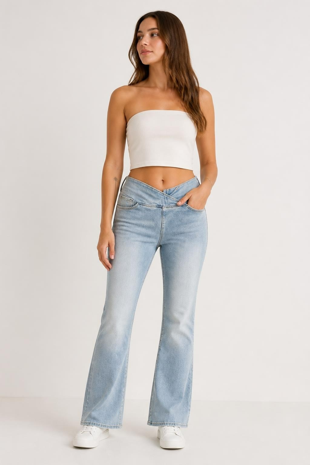 Light wash crossover waist flare jeans | Pre-Loved | Why Go Less