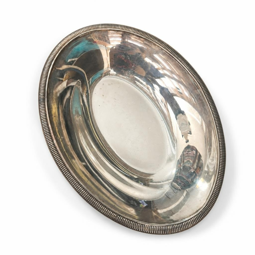 Silver-plated round bowl with beaded rim - white studio shot, second-hand at Why Go Less, Dekwaneh, Lebanon