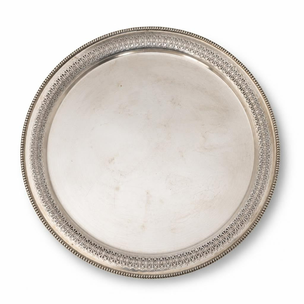 Silver-plated round tray with filigree rim - white studio shot, second-hand at Why Go Less, Dekwaneh, Lebanon