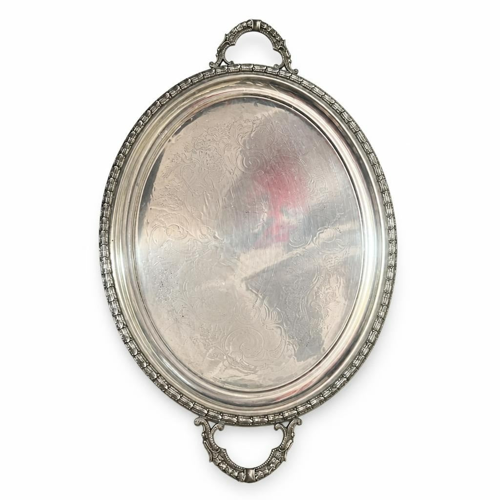 Large oval silver-plated tray with handles, engraved - white studio shot, second-hand at Why Go Less, Dekwaneh, Lebanon