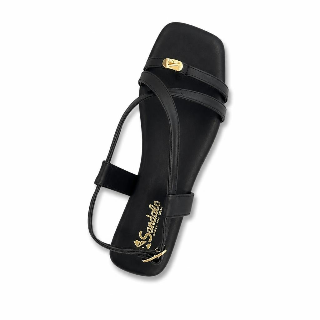 Sandalo Black Strappy Flat Sandals w/ Gold Detail - white studio shot, second-hand at Why Go Less, Dekwaneh, Lebanon