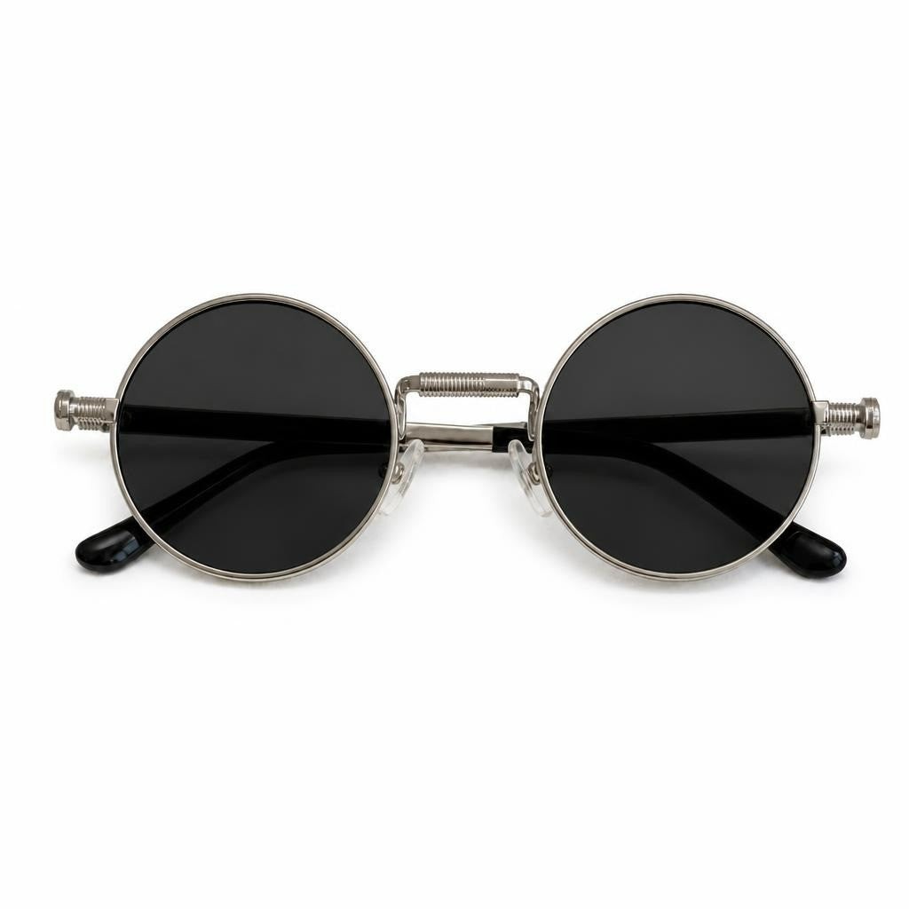 Round retro silver metal frame dark lens sunglasses - white studio shot, second-hand at Why Go Less, Dekwaneh, Lebanon