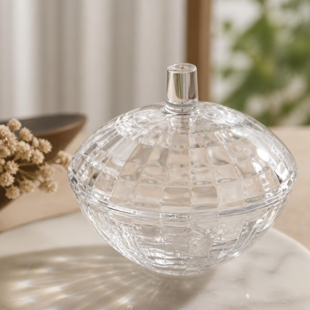 Crystal glass lidded candy jar diamond cut pattern | Pre-Loved | Why Go Less