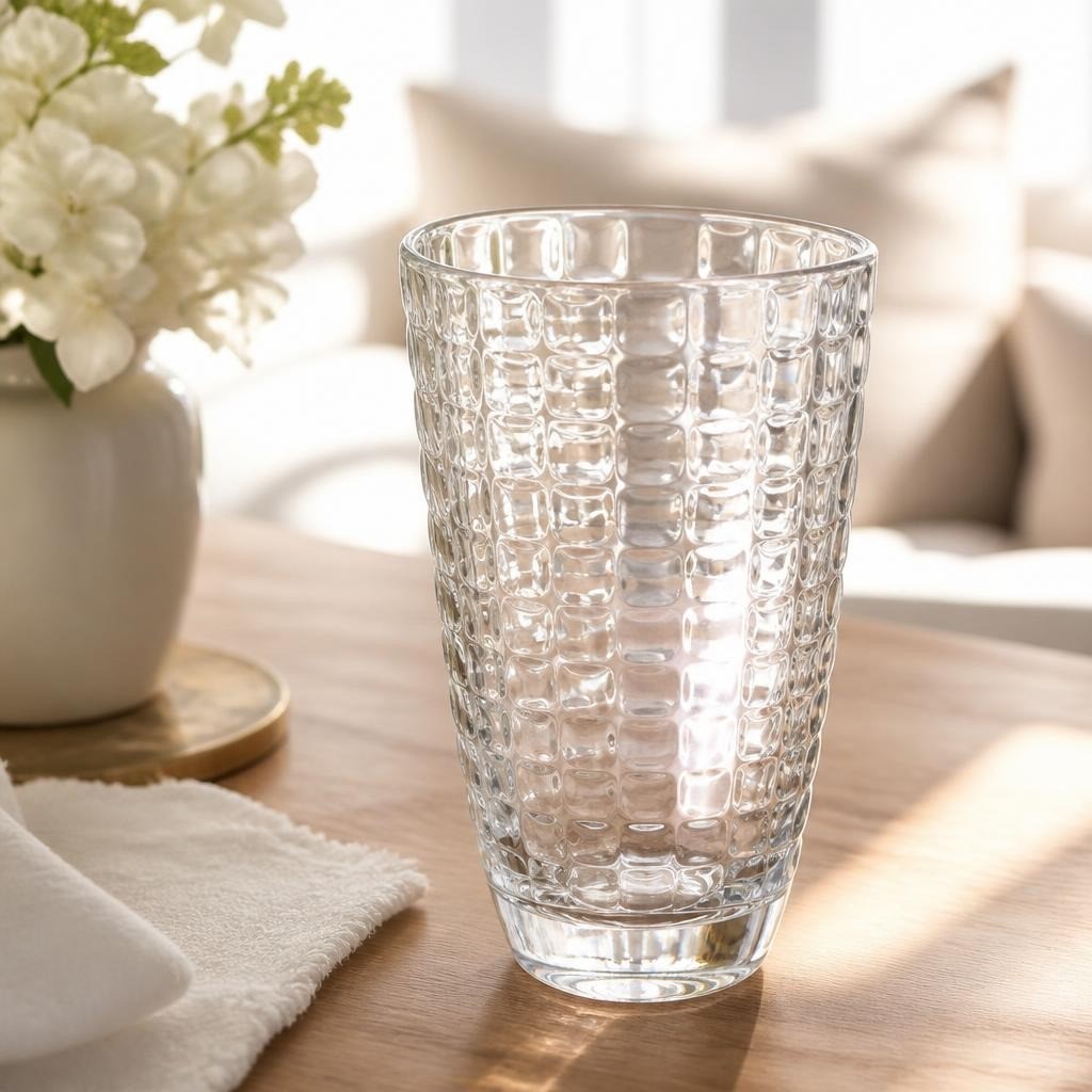 Clear textured glass vase, large cylindrical | Pre-Loved | Why Go Less