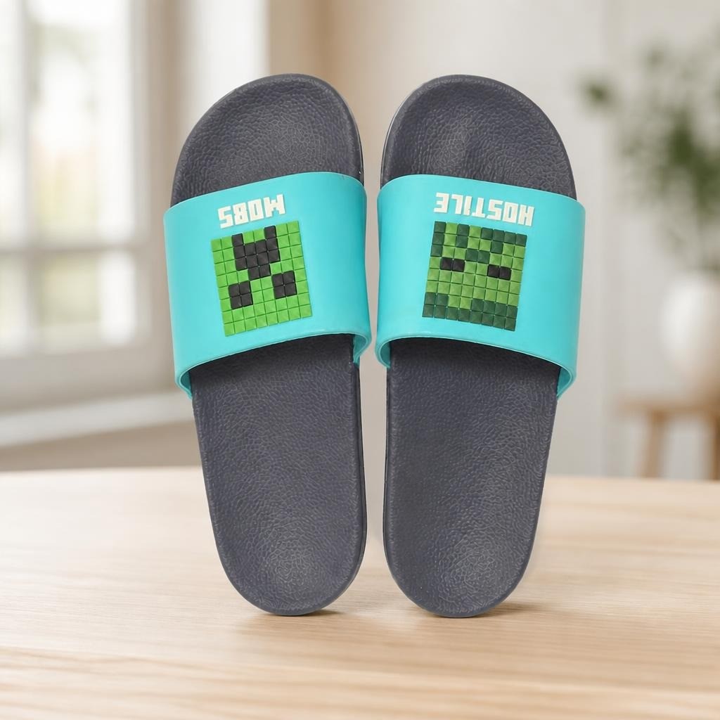 Minecraft Hostile Mobs Slide Sandals Teal Kids size 7/8 | Pre-Loved | Why Go Less