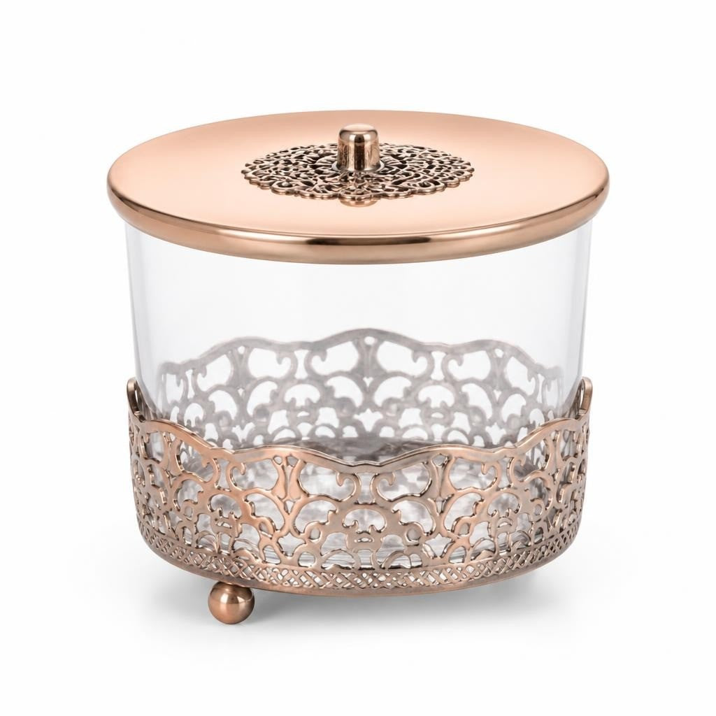 Rose Gold Glass Canister Decorative Metal Holder - white studio shot, second-hand at Why Go Less, Dekwaneh, Lebanon
