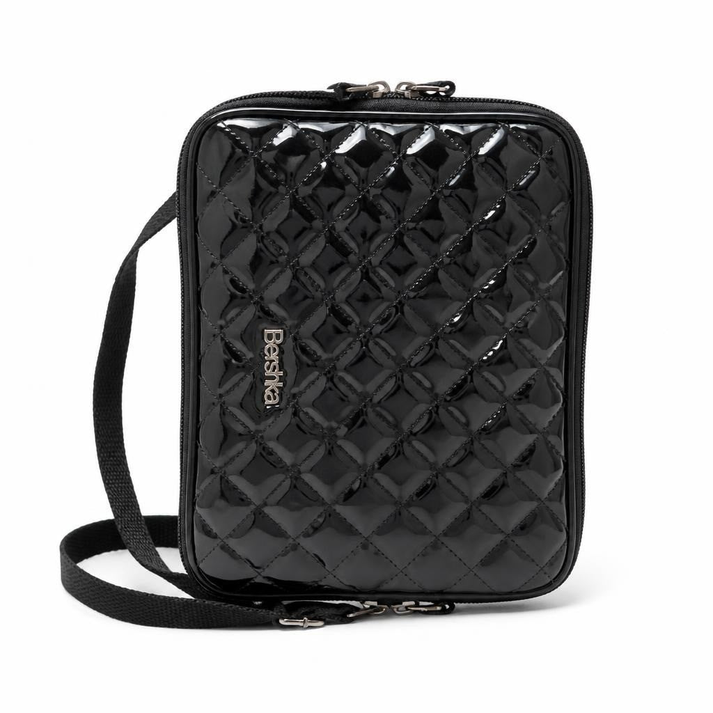 Beranka black patent quilted crossbody bag - white studio shot, second-hand at Why Go Less, Dekwaneh, Lebanon