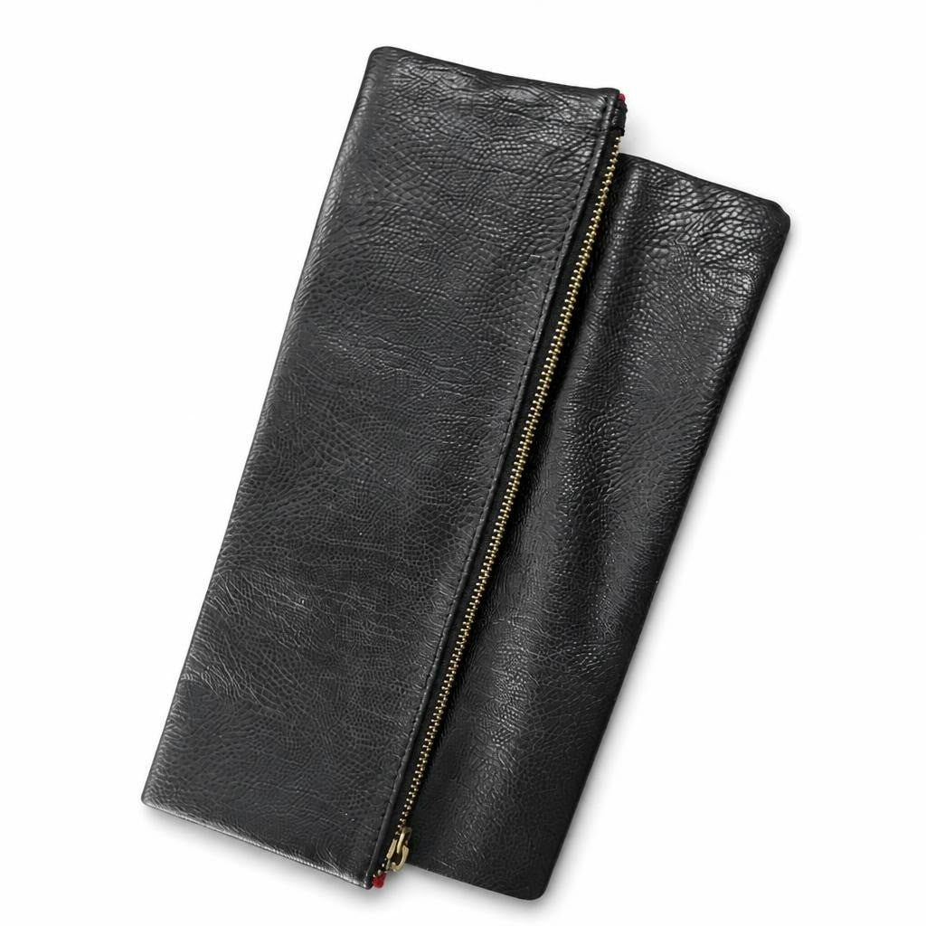 Black pebbled leather fold-over clutch gold zip - white studio shot, second-hand at Why Go Less, Dekwaneh, Lebanon