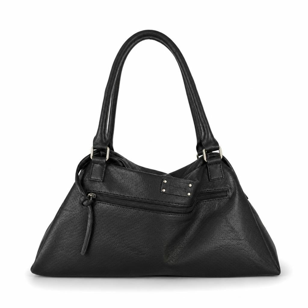 Beranka black faux leather shoulder tote bag - white studio shot, second-hand at Why Go Less, Dekwaneh, Lebanon