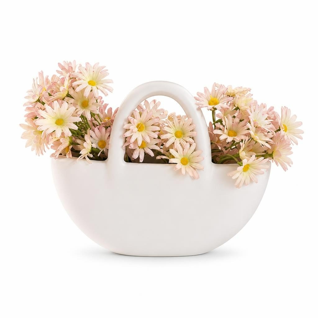 White ceramic handbag-shaped vase with handle - white studio shot, second-hand at Why Go Less, Dekwaneh, Lebanon