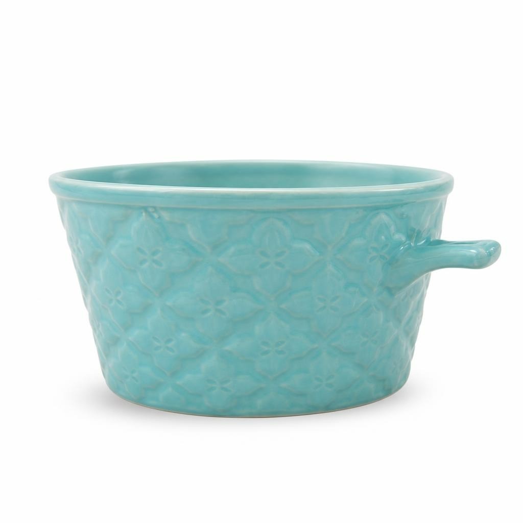 Light blue ceramic soup tureen with ladle spout - white studio shot, second-hand at Why Go Less, Dekwaneh, Lebanon