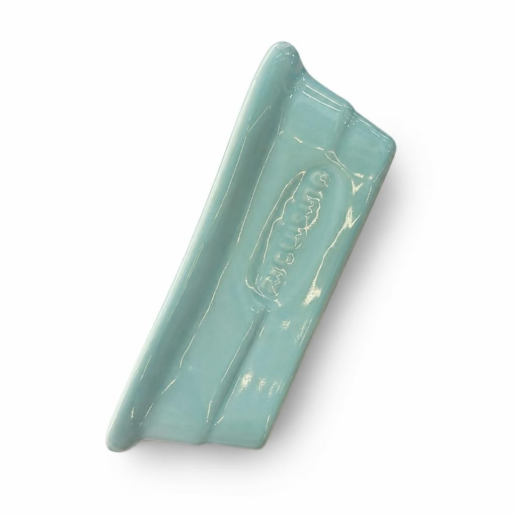 Celadon green ceramic rectangular tray, embossed text - white studio shot, second-hand at Why Go Less, Dekwaneh, Lebanon