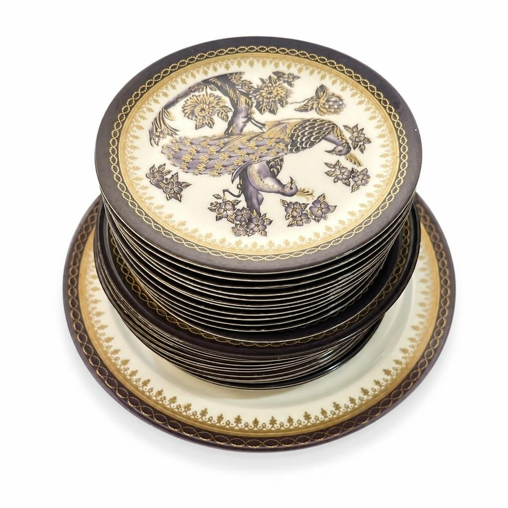 Peacock motif porcelain dinner plate set, purple gold - white studio shot, second-hand at Why Go Less, Dekwaneh, Lebanon
