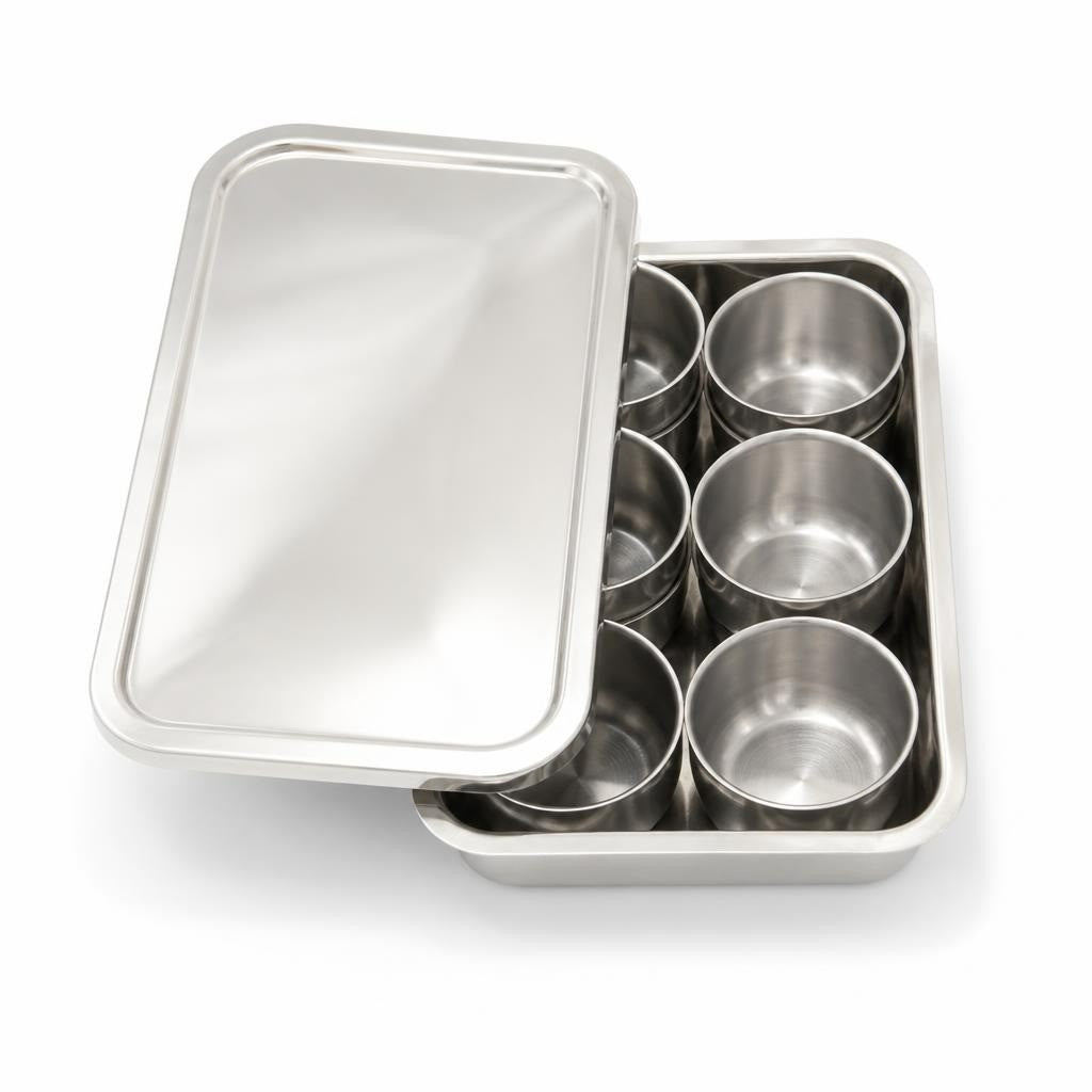 Stainless steel condiment bowls set on tray, silver - white studio shot, second-hand at Why Go Less, Dekwaneh, Lebanon