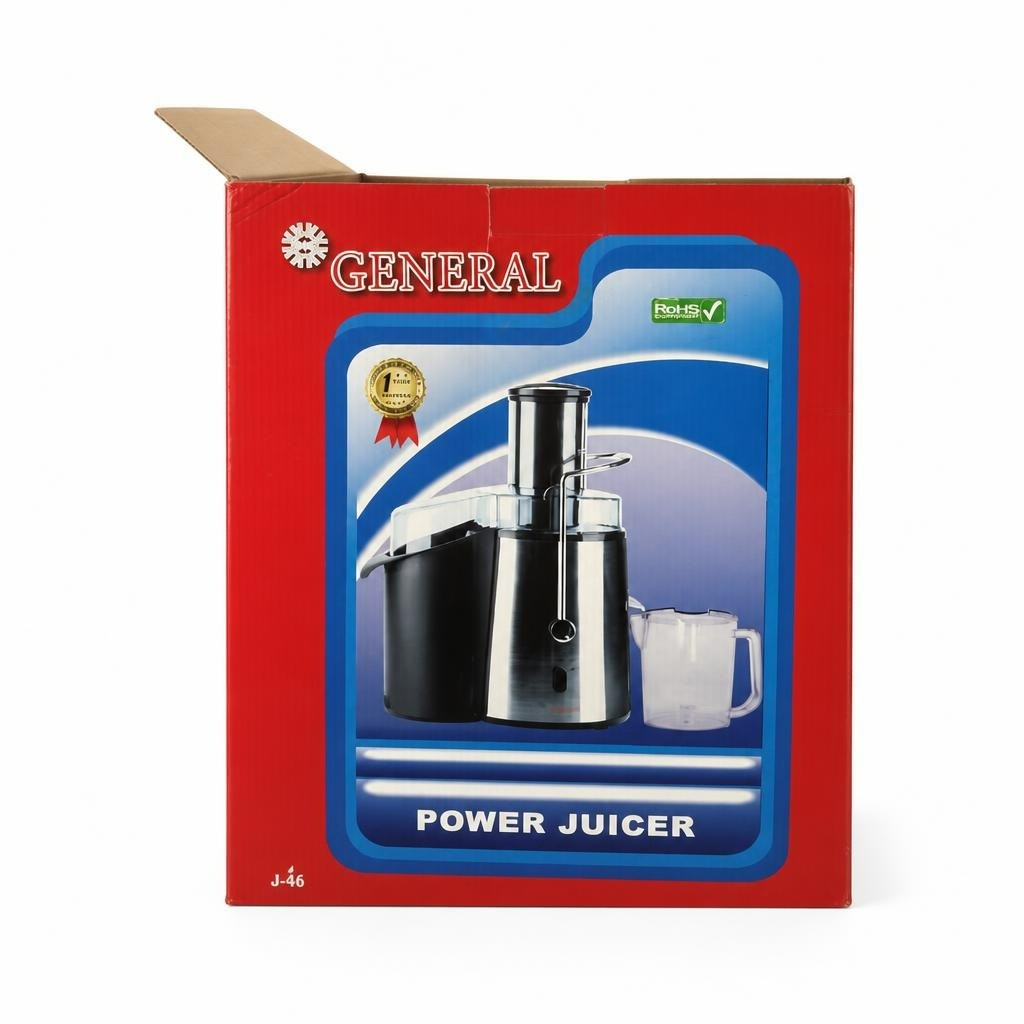 General Power Juicer J-45, stainless/black, boxed - white studio shot, second-hand at Why Go Less, Dekwaneh, Lebanon