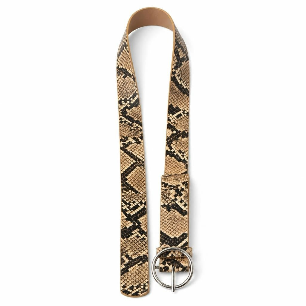 Snake print belt silver ring buckle size S - white studio shot, second-hand at Why Go Less, Dekwaneh, Lebanon