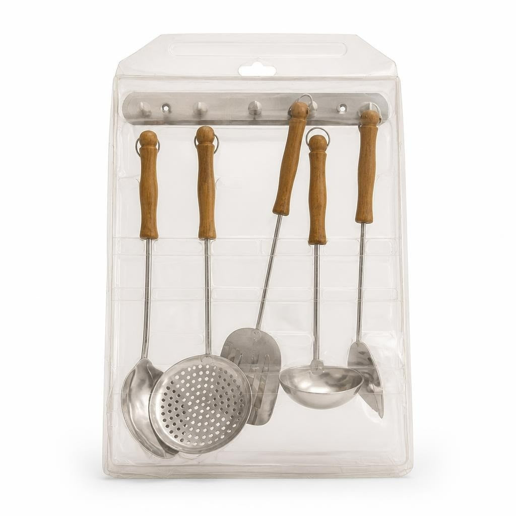 Stainless steel kitchen utensil set, wood handles, 4pc - white studio shot, second-hand at Why Go Less, Dekwaneh, Lebanon