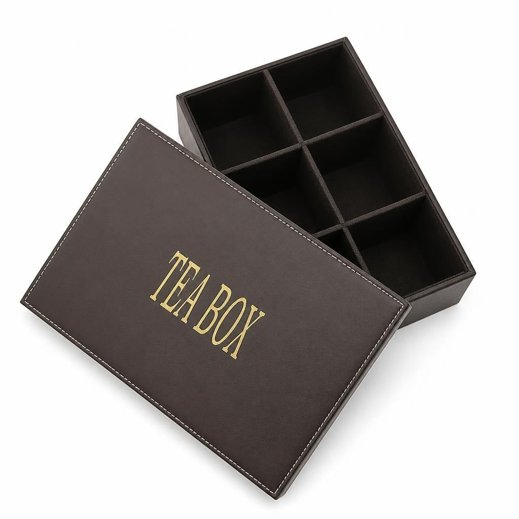 Brown faux leather tea box organizer, 6-compartment - white studio shot, second-hand at Why Go Less, Dekwaneh, Lebanon