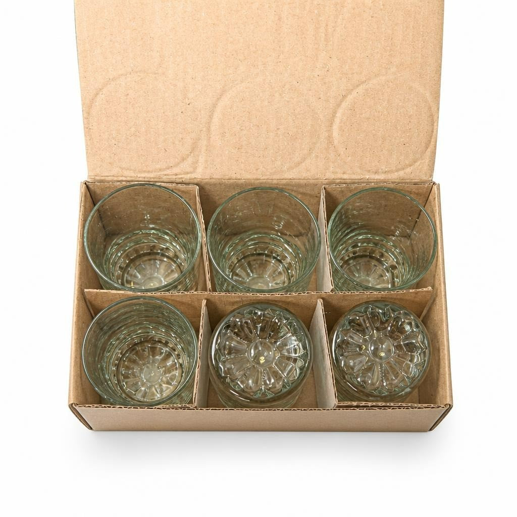 Green tinted glass tumbler set, 6pc, patterned base - white studio shot, second-hand at Why Go Less, Dekwaneh, Lebanon
