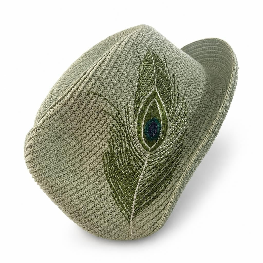 Sage green straw sun hat peacock feather detail - white studio shot, second-hand at Why Go Less, Dekwaneh, Lebanon