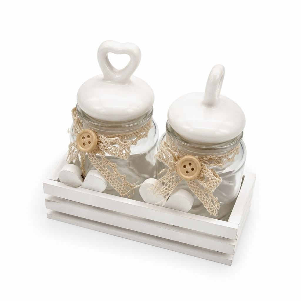 Glass condiment jars ceramic lids lace button set - white studio shot, second-hand at Why Go Less, Dekwaneh, Lebanon