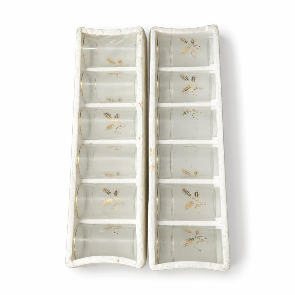 Vintage glass tea cups gold wheat motif set of 12 - white studio shot, second-hand at Why Go Less, Dekwaneh, Lebanon