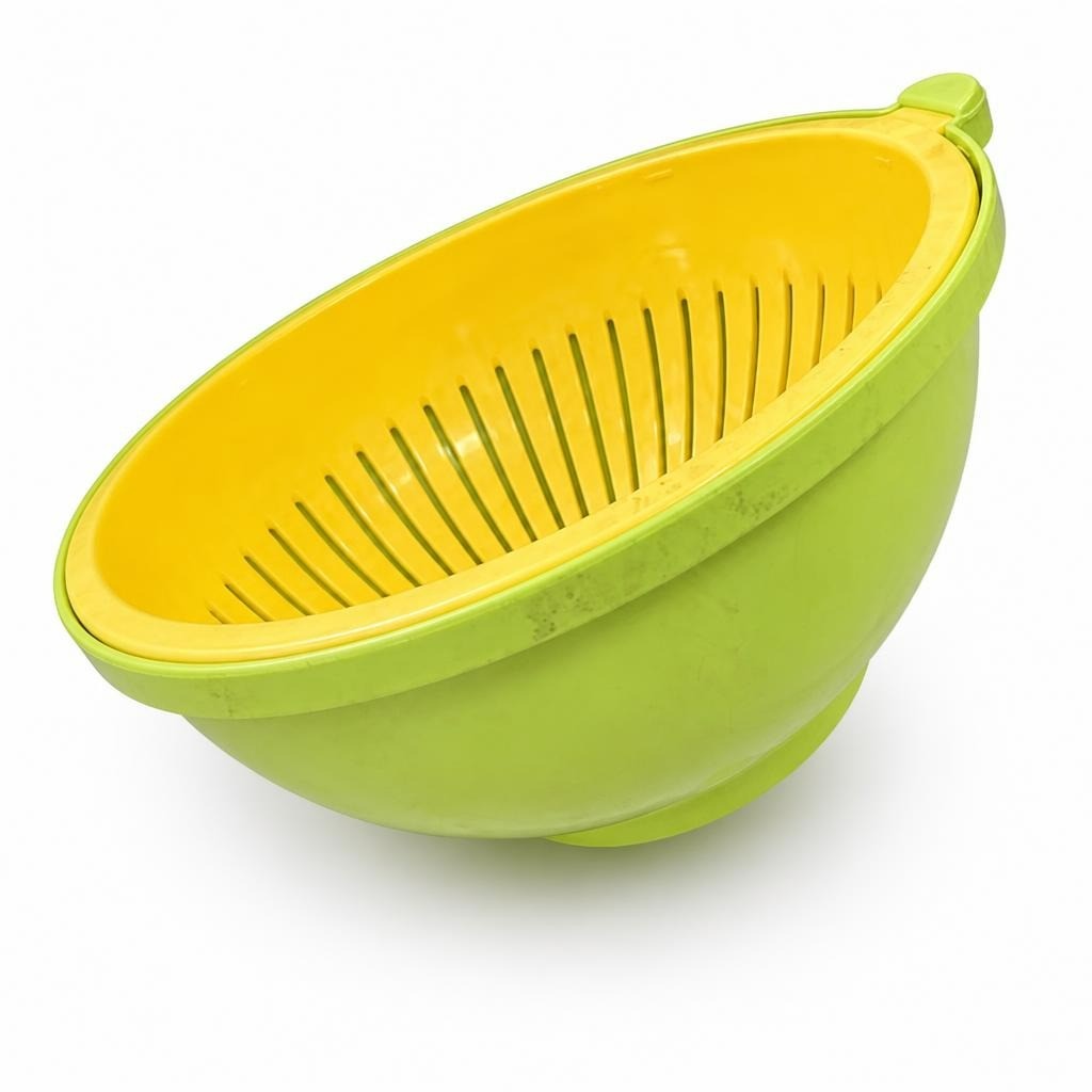 set Yellow & Green Plastic Colander with Mixing Bowl - white studio shot, second-hand at Why Go Less, Dekwaneh, Lebanon