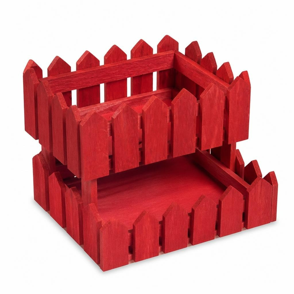 Red Painted Wood Picket Fence Decorative Crate - white studio shot, second-hand at Why Go Less, Dekwaneh, Lebanon