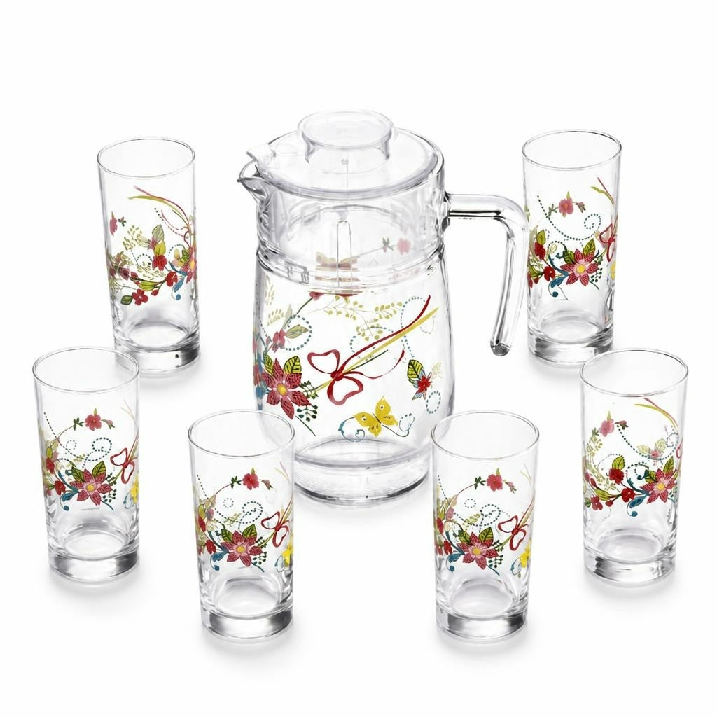 Luminarc Colombelle 7pc Glass Pitcher & Tumbler Set - white studio shot, second-hand at Why Go Less, Dekwaneh, Lebanon
