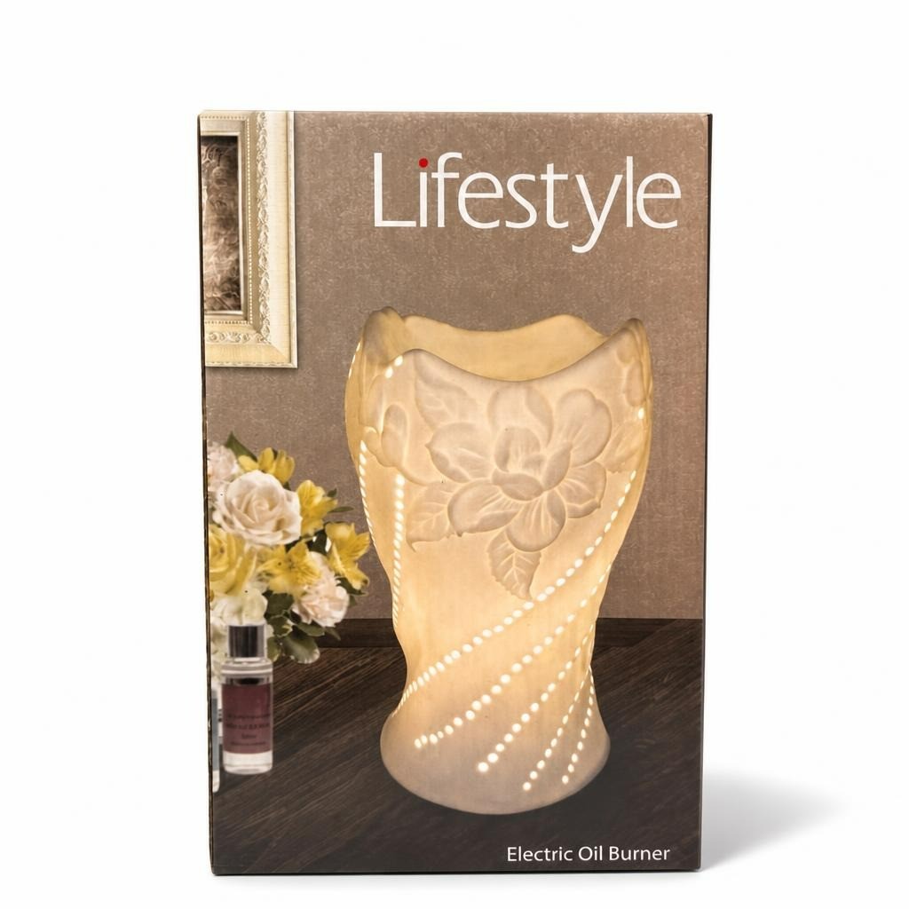Lifestyle Electric Oil Burner Ceramic Floral White - white studio shot, second-hand at Why Go Less, Dekwaneh, Lebanon