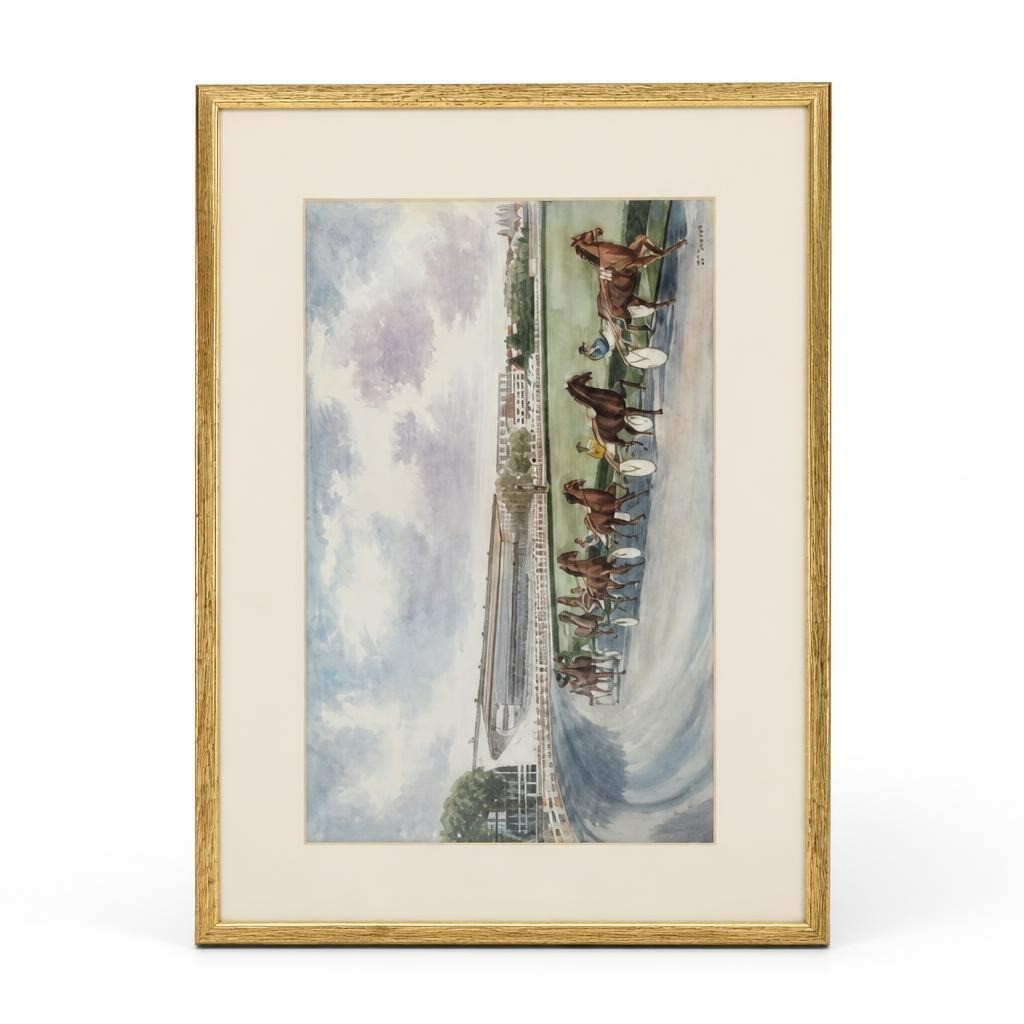 Framed horse racing watercolor print in gold frame