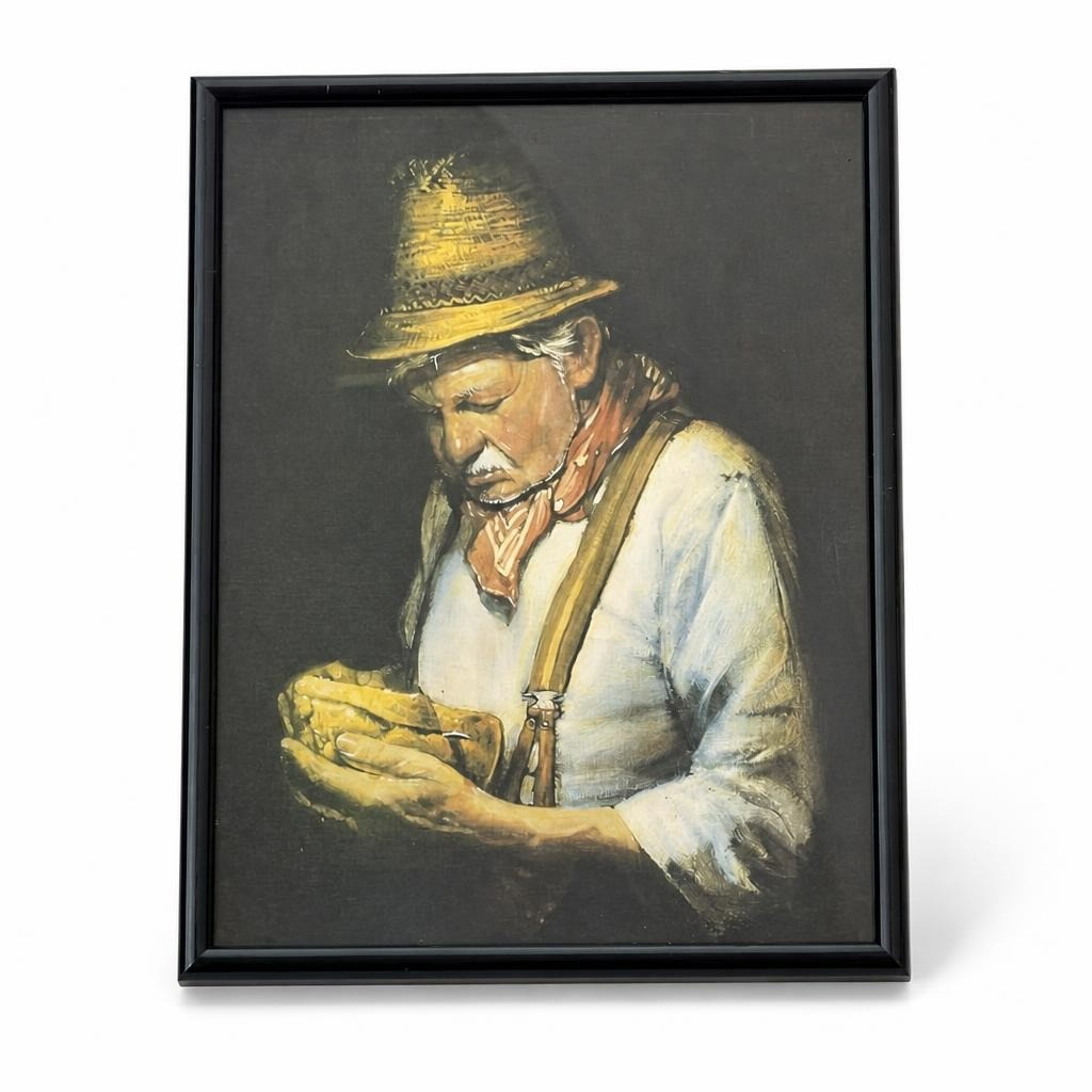 Vintage oil painting of an old man in a straw hat, framed