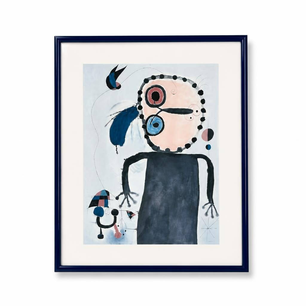 Joan Miro style abstract framed art print in blue frame