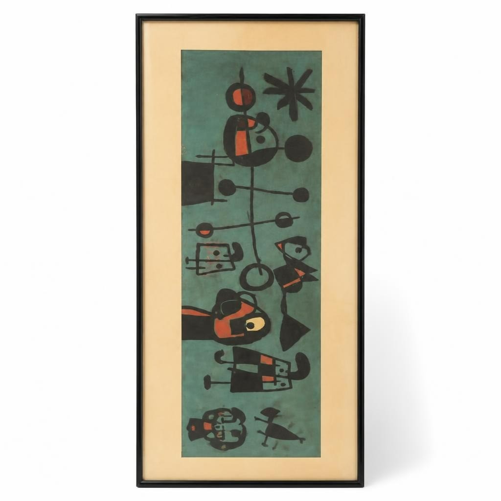 Joan Miro style tall abstract framed print in dark frame