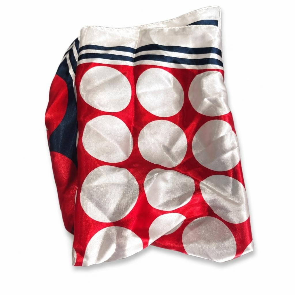 Red white navy polka dot satin scarf, OS - white studio shot, second-hand at Why Go Less, Dekwaneh, Lebanon