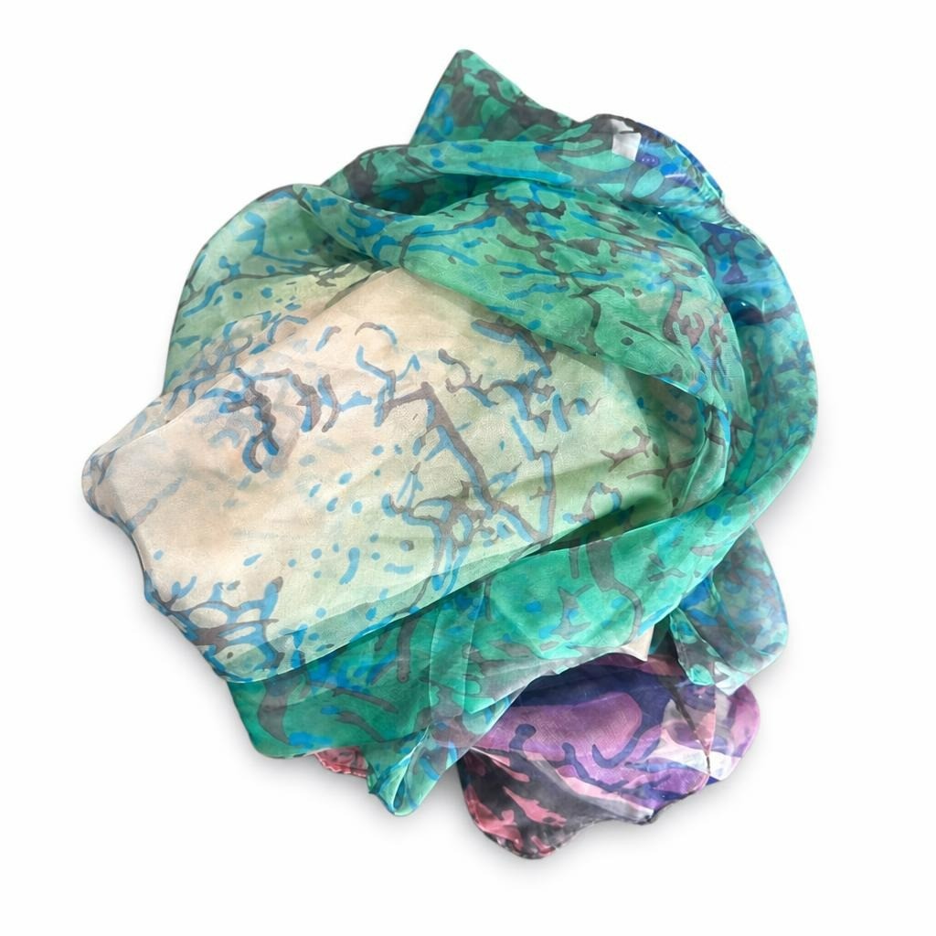 Teal blue abstract print lightweight scarf, OS - white studio shot, second-hand at Why Go Less, Dekwaneh, Lebanon
