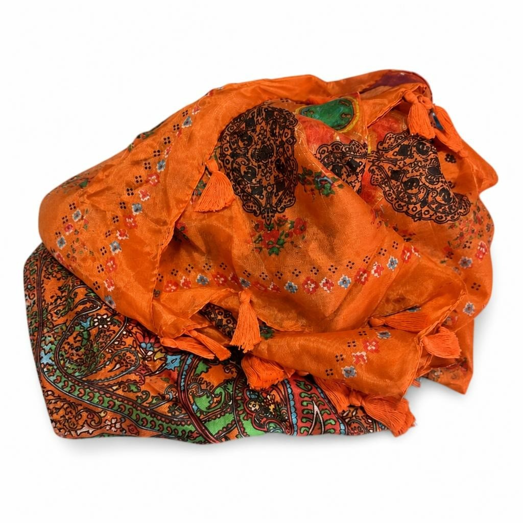 Orange paisley tassel boho scarf, one size - white studio shot, second-hand at Why Go Less, Dekwaneh, Lebanon