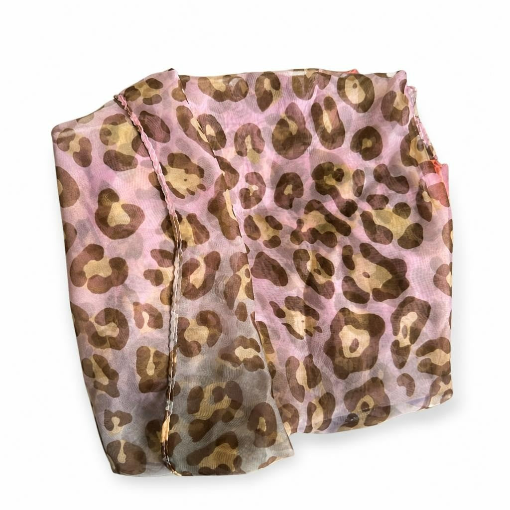 Pink leopard print sheer scarf, one size - white studio shot, second-hand at Why Go Less, Dekwaneh, Lebanon