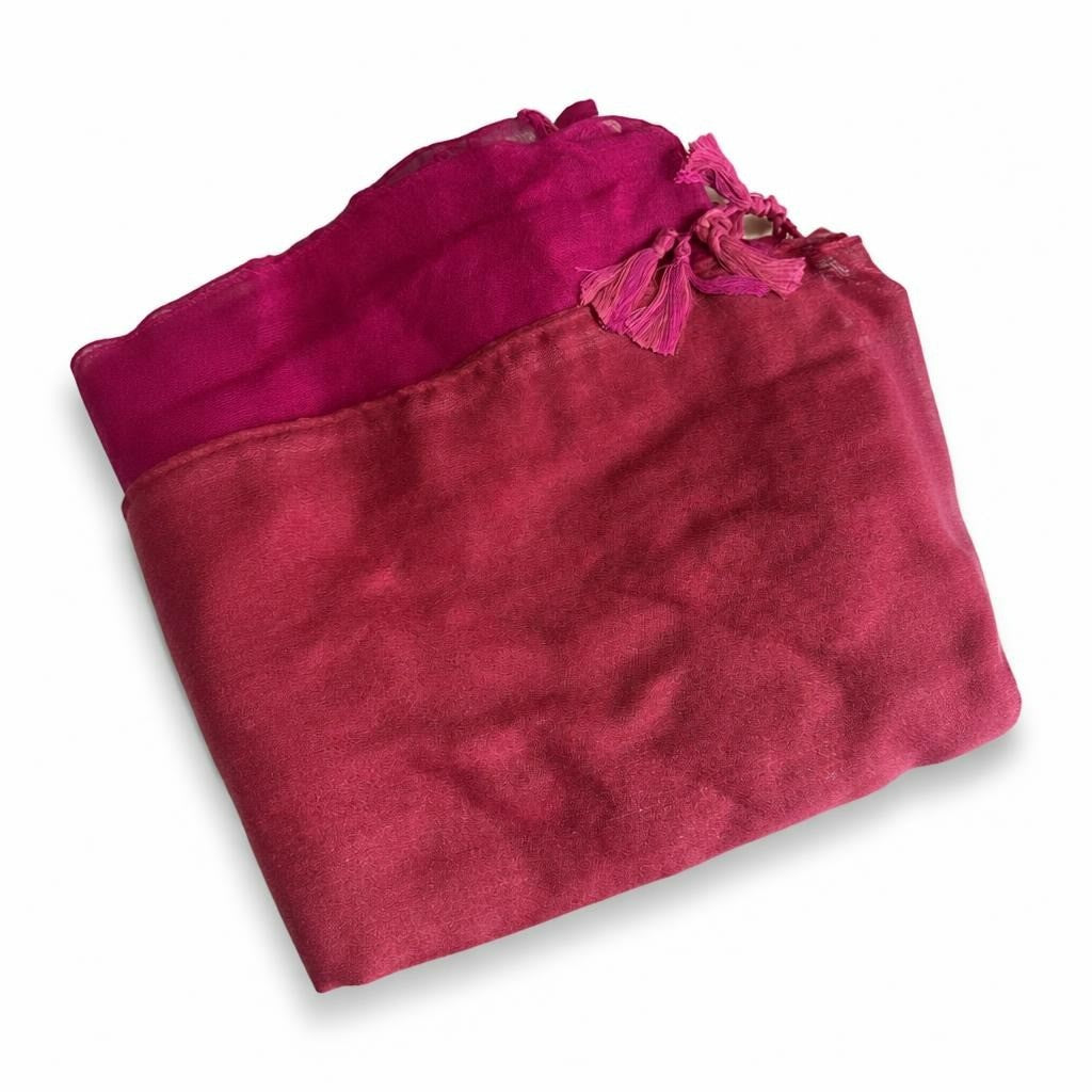 Magenta & burgundy drawstring fabric pouches set - white studio shot, second-hand at Why Go Less, Dekwaneh, Lebanon