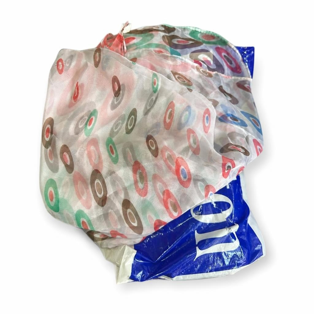 White multicolor circle print lightweight scarf - white studio shot, second-hand at Why Go Less, Dekwaneh, Lebanon