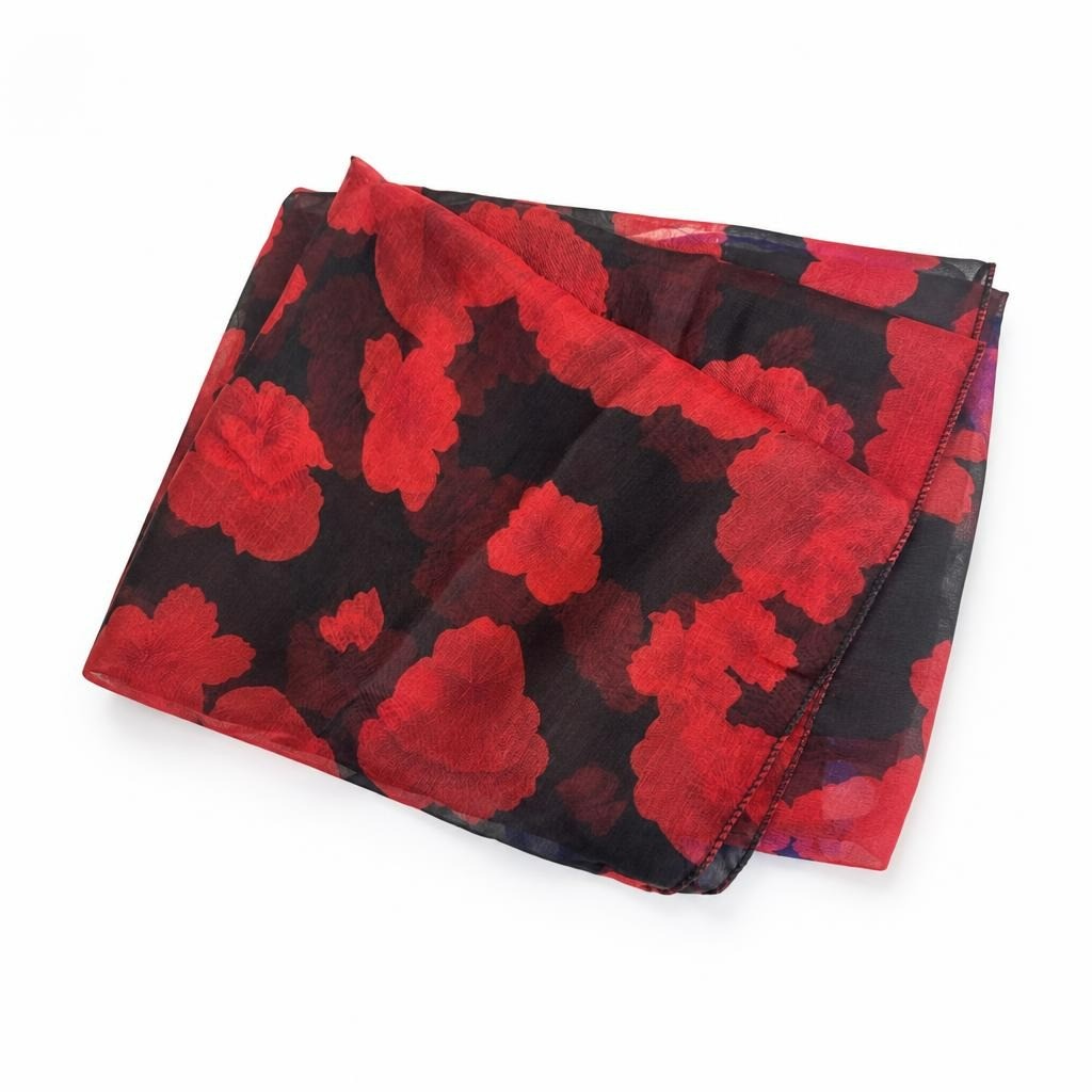 Black red floral print chiffon scarf - white studio shot, second-hand at Why Go Less, Dekwaneh, Lebanon