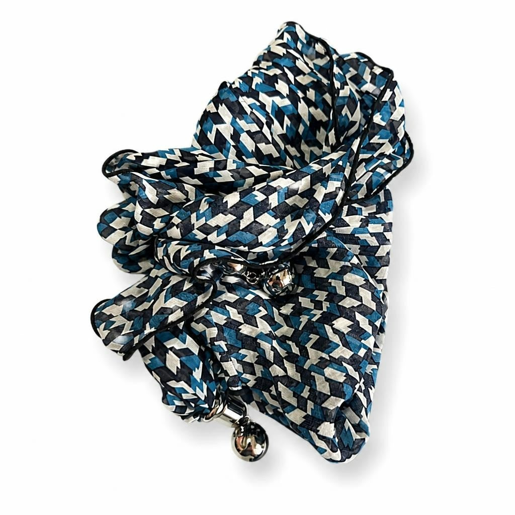 Blue white geometric houndstooth scarf with beads - white studio shot, second-hand at Why Go Less, Dekwaneh, Lebanon