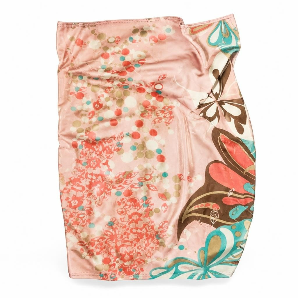 Pink Floral & Butterfly Print Satin Scarf - white studio shot, second-hand at Why Go Less, Dekwaneh, Lebanon