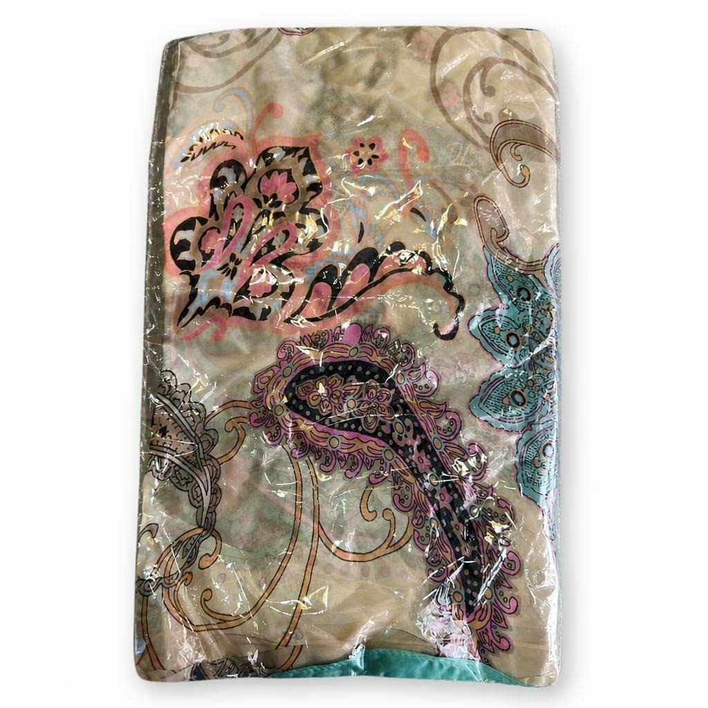 Beige Paisley Print Satin Scarf/Wrap - white studio shot, second-hand at Why Go Less, Dekwaneh, Lebanon