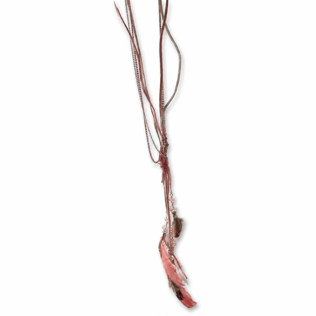 Boho pink feather multi-strand long necklace - white studio shot, second-hand at Why Go Less, Dekwaneh, Lebanon