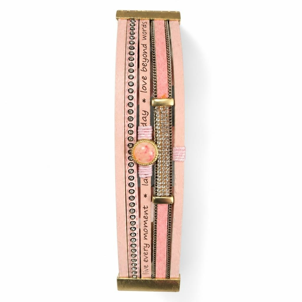 Pink multi-strand leather bracelet inspirational text - white studio shot, second-hand at Why Go Less, Dekwaneh, Lebanon