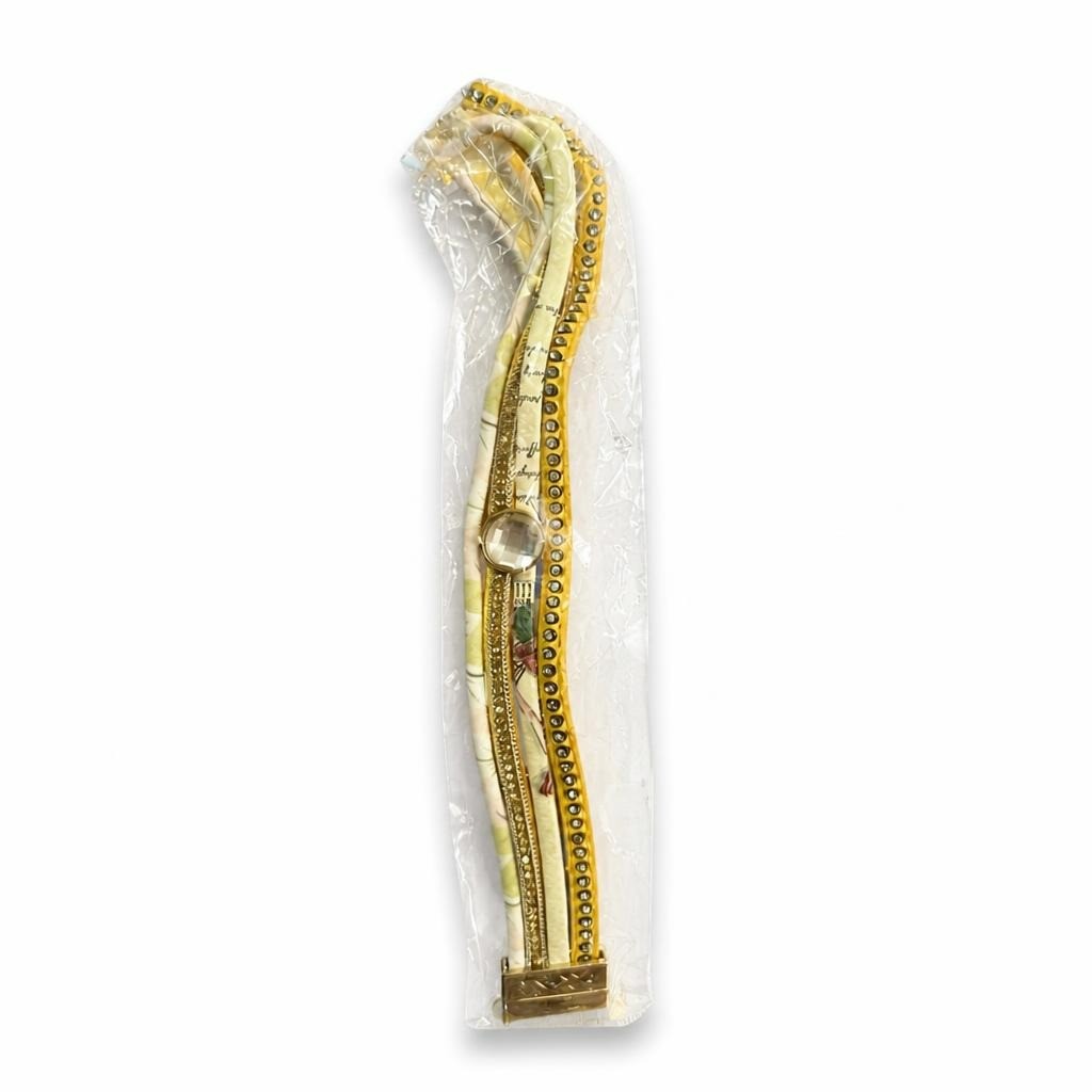 Multi-strand rhinestone & suede wrap bracelet, cream/gold - white studio shot, second-hand at Why Go Less, Dekwaneh, Lebanon