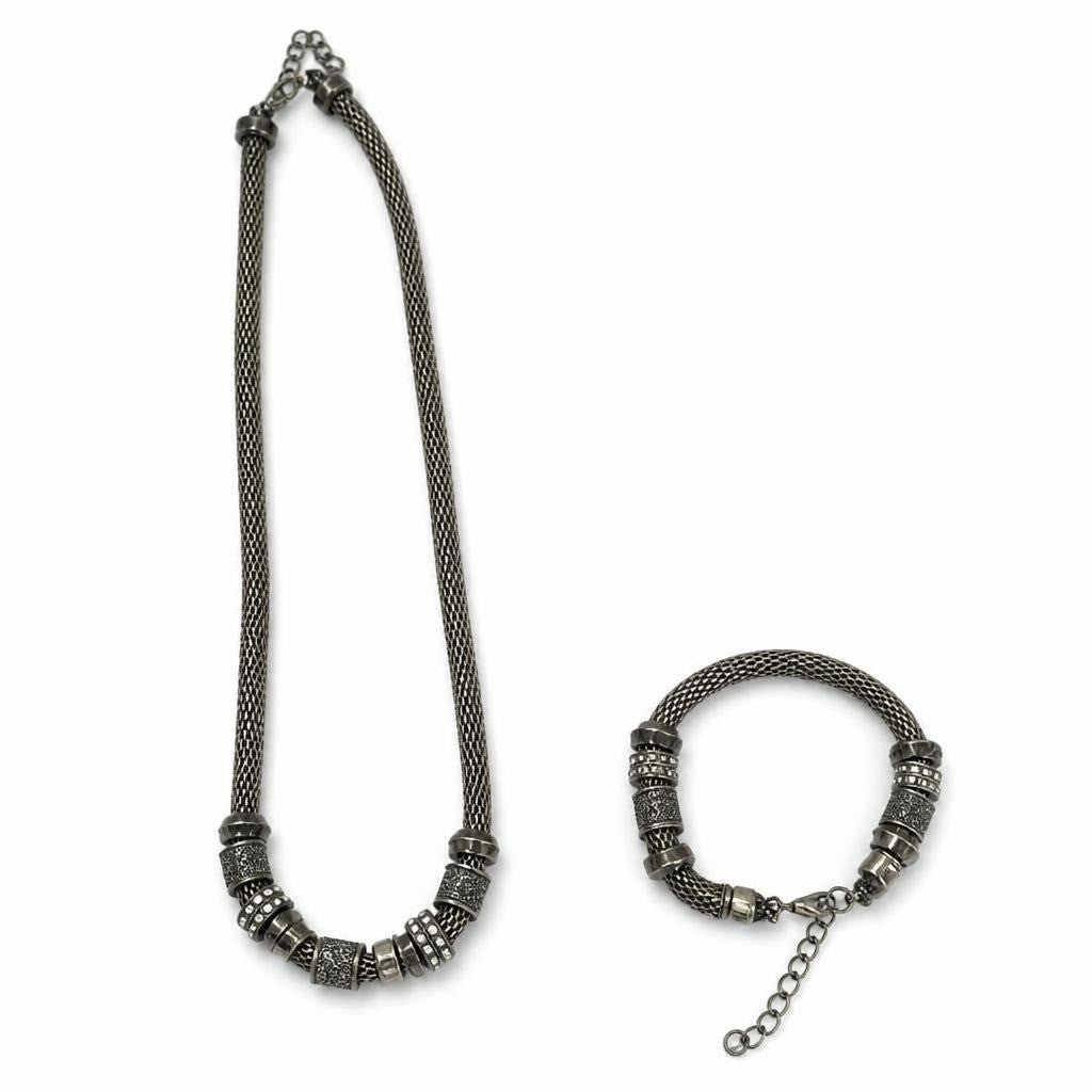 Dark silver mesh necklace & bracelet matching set - white studio shot, second-hand at Why Go Less, Dekwaneh, Lebanon